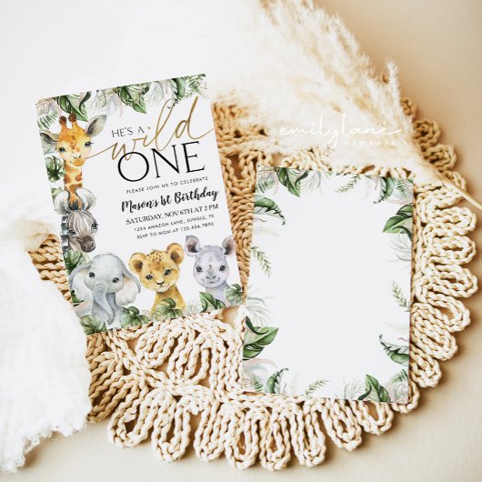 Wild One Safari Dieren 1e Verjaardag Jongens Invit Kaart