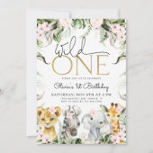 Wild One Safari Dieren 1e Verjaardag Meisje Invita Kaart (Voorkant)