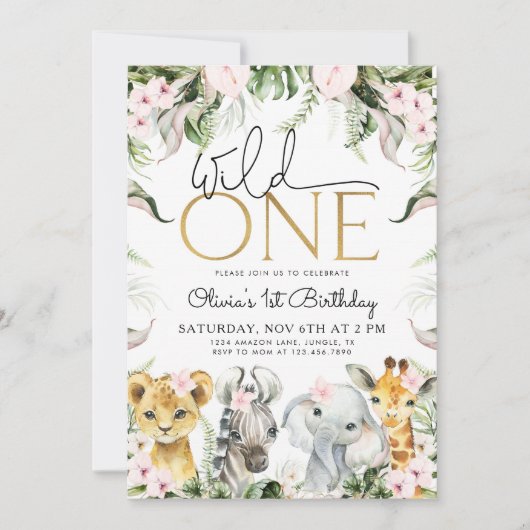 Wild One Safari Dieren 1e Verjaardag Meisje Invita Kaart (Voorkant)