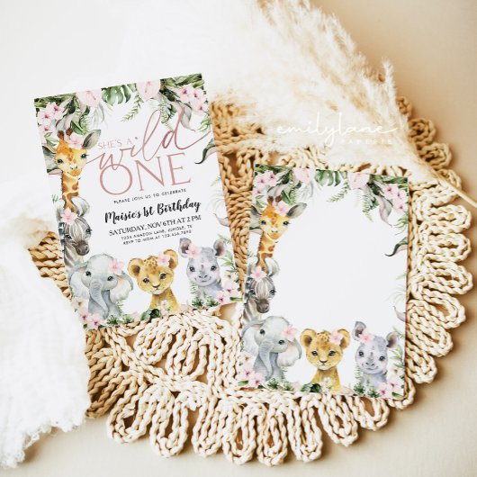 Wild One Safari Dieren 1e Verjaardag Meisje Invita Kaart
