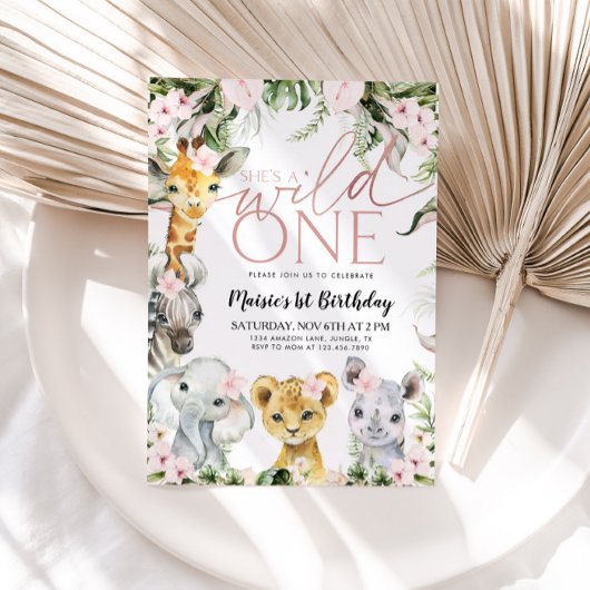 Wild One Safari Dieren 1e Verjaardag Meisje Invita Kaart