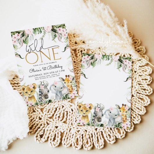 Wild One Safari Dieren 1e Verjaardag Meisje Invita Kaart
