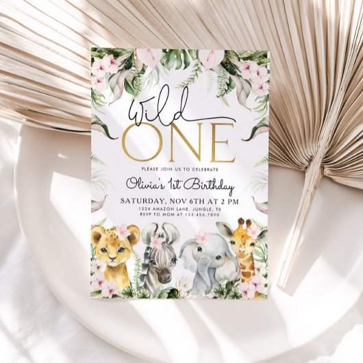 Wild One Safari Dieren 1e Verjaardag Meisje Invita Kaart
