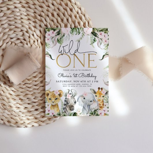 Wild One Safari Dieren 1e Verjaardag Meisje Invita Kaart