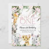 Wild One Safari Dieren 1e Verjaardag Meisje Invita Kaart (Voorkant)