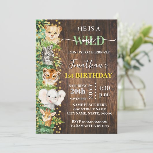 Wild One Safari Dieren 1e Verjaardag Rustiek Kaart (Staand voorkant)