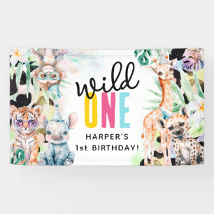 Wild One Safari Dieren 1e Verjaardag Spandoek