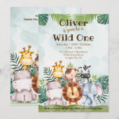 Wild One Safari Dieren 1e Verjaardag Waterverf Kaart (Voorkant / Achterkant)