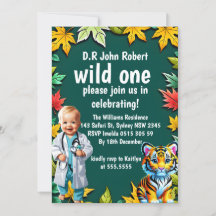 Wild One Safari Dieren 1e Verjaardagsfeestje Invit