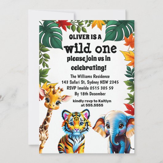 Wild One Safari Dieren 1e Verjaardagsfeestje Invit Kaart (Voorkant)