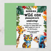 Wild One Safari Dieren 1e Verjaardagsfeestje Invit Kaart (Voorkant / Achterkant)