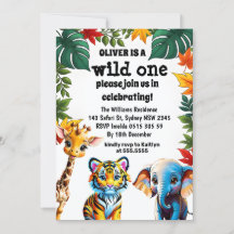 Wild One Safari Dieren 1e Verjaardagsfeestje Invit