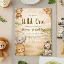 Wild One Safari Dieren 1e Verjaardagsuitnodiging
