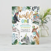 Wild One Safari Dieren 1st Boy Verjaardagsfeest Kaart (Staand voorkant)