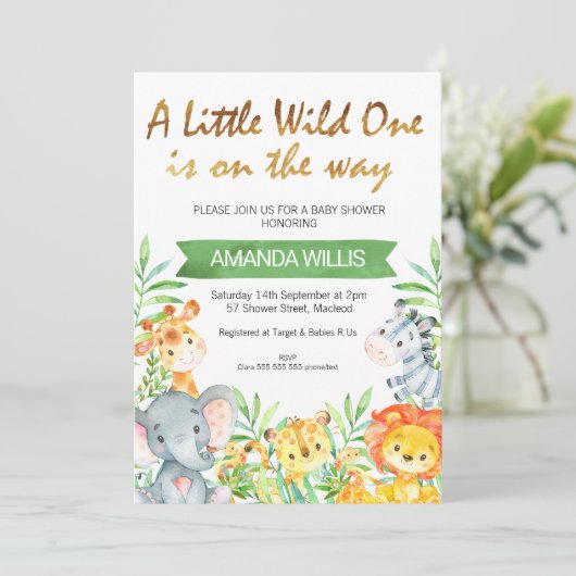 Wild one safari dieren baby shower uitnodiging (Staand voorkant)