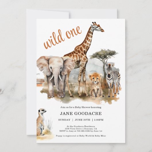 Wild One Safari Dieren Baby Shower Uitnodiging (Voorkant)