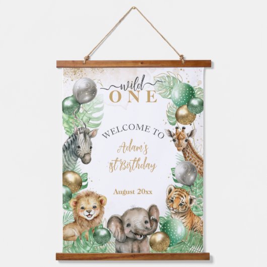 Wild One Safari dieren Ballon Baby 1e verjaardag Hangend Wandkleed (Voorkant)