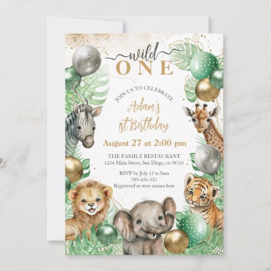 Wild One Safari dieren Ballon Baby 1e verjaardag Kaart (Voorkant)