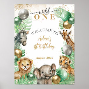Wild One Safari dieren Ballon Baby 1e verjaardag Poster