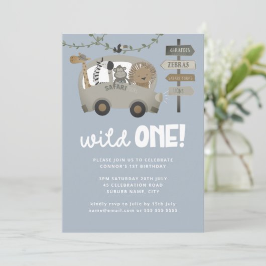 Wild One Safari Dieren Blauwe Jongen 1e Verjaardag Kaart (Staand voorkant)