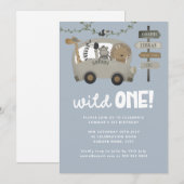 Wild One Safari Dieren Blauwe Jongen 1e Verjaardag Kaart (Voorkant / Achterkant)