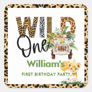 Wild One Safari Dieren Eerste Verjaardag Jongen Vierkante Sticker