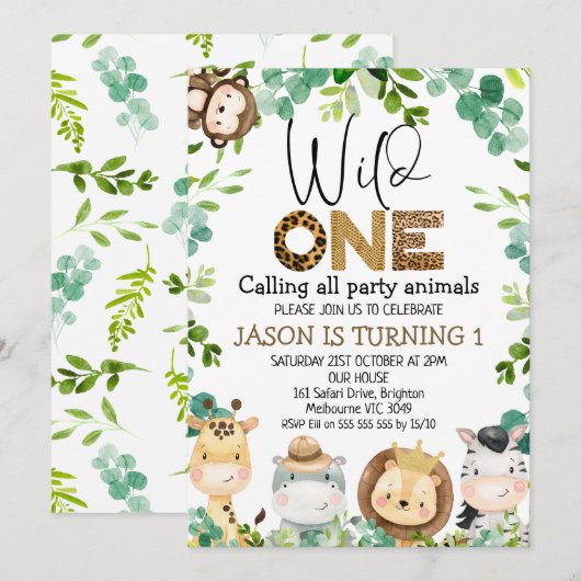 Wild One Safari Dieren Feestdieren 1e verjaardag Kaart (Voorkant / Achterkant)