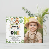 Wild One Safari Dieren Foto Verjaardag Uitnodiging (Staand voorkant)