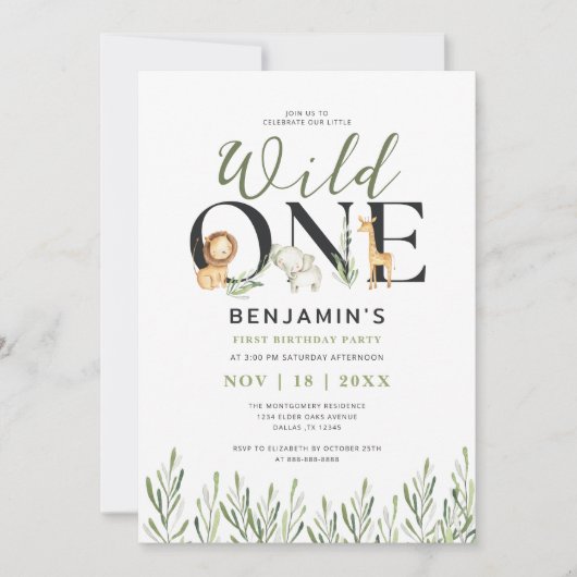 Wild One Safari Dieren Jongen 1e Verjaardagsfeest Kaart (Voorkant)