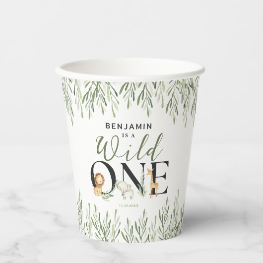 Wild One Safari Dieren Jongen 1e Verjaardagsfeest Papieren Bekers (Voorkant)
