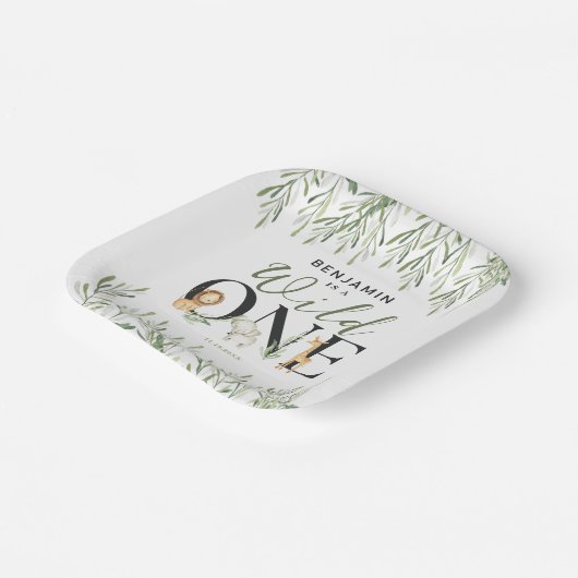 Wild One Safari Dieren Jongen 1e Verjaardagsfeest Papieren Bordje (Gebogen)