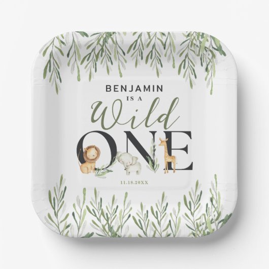 Wild One Safari Dieren Jongen 1e Verjaardagsfeest Papieren Bordje (Voorkant)