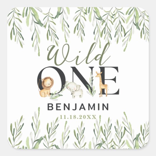 Wild One Safari Dieren Jongen 1e Verjaardagsfeest Vierkante Sticker (Voorkant)