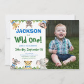 Wild One Safari Dieren Jongen Foto Eerste Verjaard Kaart (Voorkant)