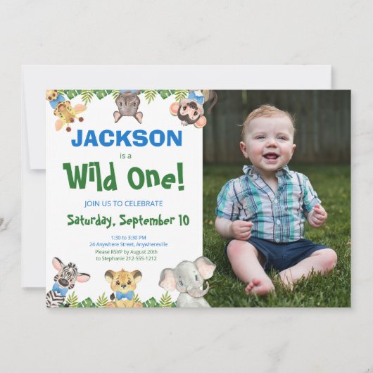 Wild One Safari Dieren Jongen Foto Eerste Verjaard Kaart (Voorkant)