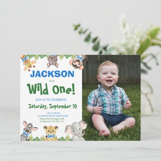 Wild One Safari Dieren Jongen Foto Eerste Verjaard Kaart (Staand voorkant)