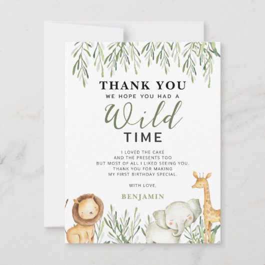 Wild One Safari Dieren Jongen Verjaardag Minimalis Bedankkaart (Voorkant)