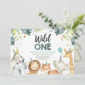 Wild One Safari Dieren Jongen Verjaardag Uitnodigi Kaart (Staand voorkant)