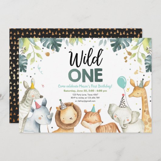 Wild One Safari Dieren Jongen Verjaardag Uitnodigi Kaart (Voorkant / Achterkant)