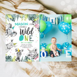 Wild One Safari Dieren Jongen Verjaardag Uitnodigi Kaart