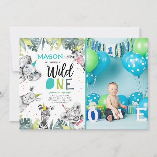 Wild One Safari Dieren Jongen Verjaardag Uitnodigi Kaart (Voorkant)
