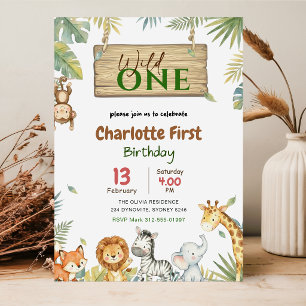 Wild One Safari Dieren Kinderen 1e Verjaardagsfees Kaart