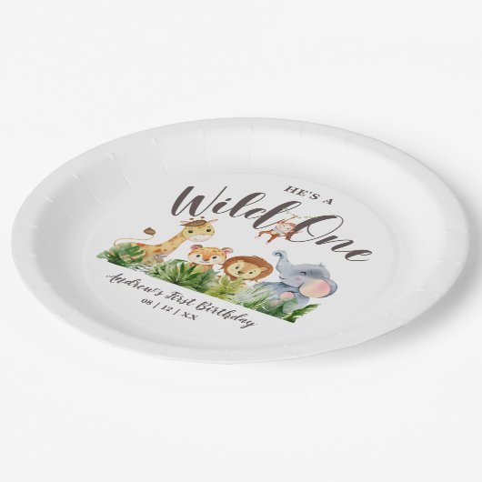Wild One Safari Dieren Kinderen Verjaardag Papieren Bordje (Gekanteld)