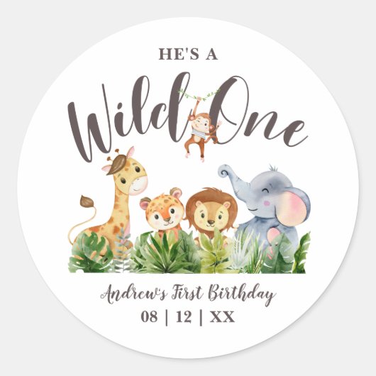 Wild One Safari Dieren Kinderen Verjaardag Ronde Sticker (Voorkant)