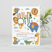 Wild one safari dieren kinderen verjaardagsfeestje kaart (Staand voorkant)