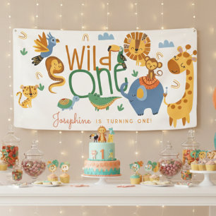 Wild one safari dieren kinderen verjaardagsfeestje spandoek
