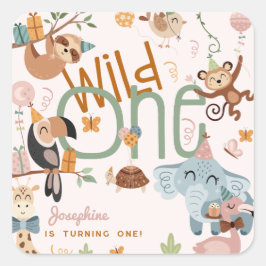 Wild one safari dieren kinderen verjaardagsfeestje vierkante sticker