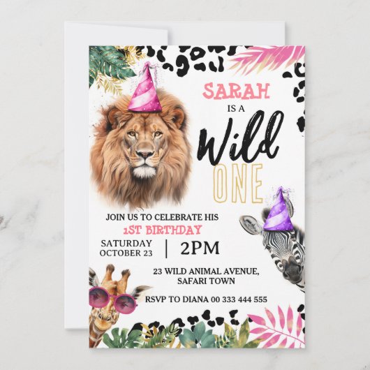 Wild One Safari Dieren Meisje 1e Verjaardagsfeest Kaart (Voorkant)