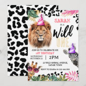 Wild One Safari Dieren Meisje 1e Verjaardagsfeest Kaart (Voorkant / Achterkant)
