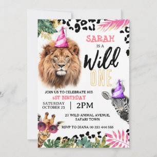 Wild One Safari Dieren Meisje 1e Verjaardagsfeest Kaart